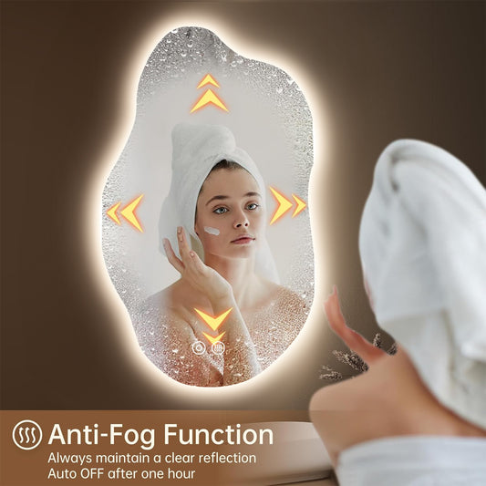 Anoak LED Bathroom Mirror with Lights, 20"x 33" Asymmetrical Cloud Lighted Anti-fog Vanity Mirror for Wall, 3 Colors Dimmable Memory Function