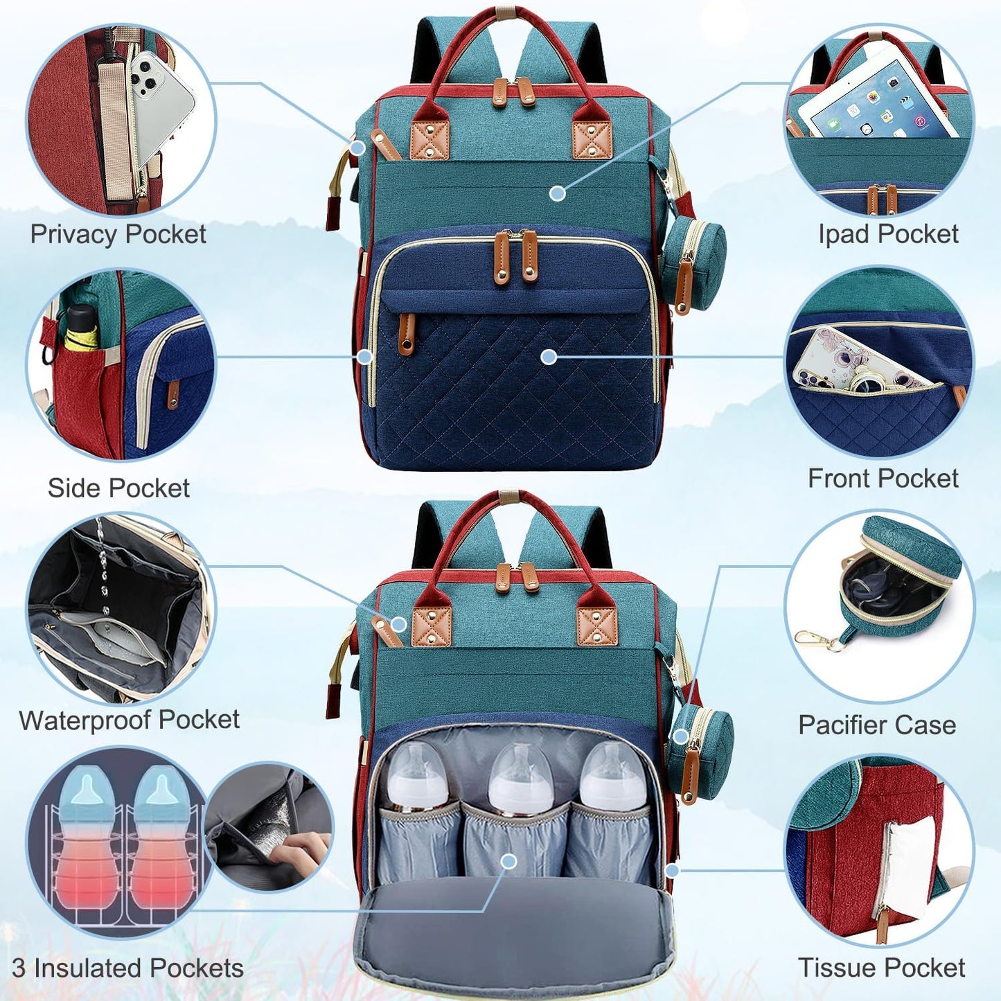Morfone Baby Diaper Bag Backpack, Multifunction Waterproof Baby Bag with USB Charging Port, Stroller Straps & Pacifier Case Unisex, Colorful