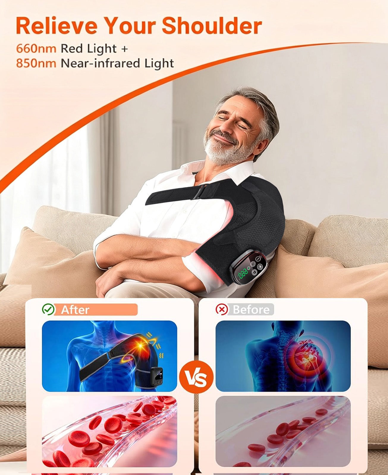 Morfone Cordless Red Light Shoulder Wrap with 3 Heat & 3 Vibration, Shoulder Massager Heating Pad, 660nm Red & 850nm near-Infrared Light,Black