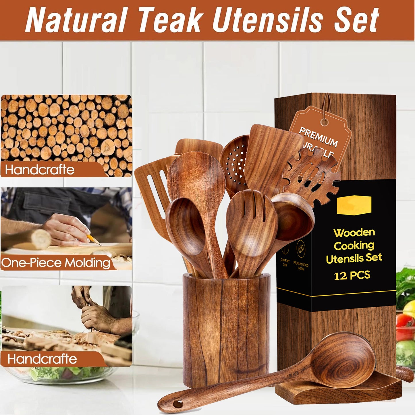 ACMETOP 12-Piece Natural Teak Wooden Spoons for Cooking With 10 Hooks，Handcrafted Kitchen Utensils Set ，Ideal Gift Set
