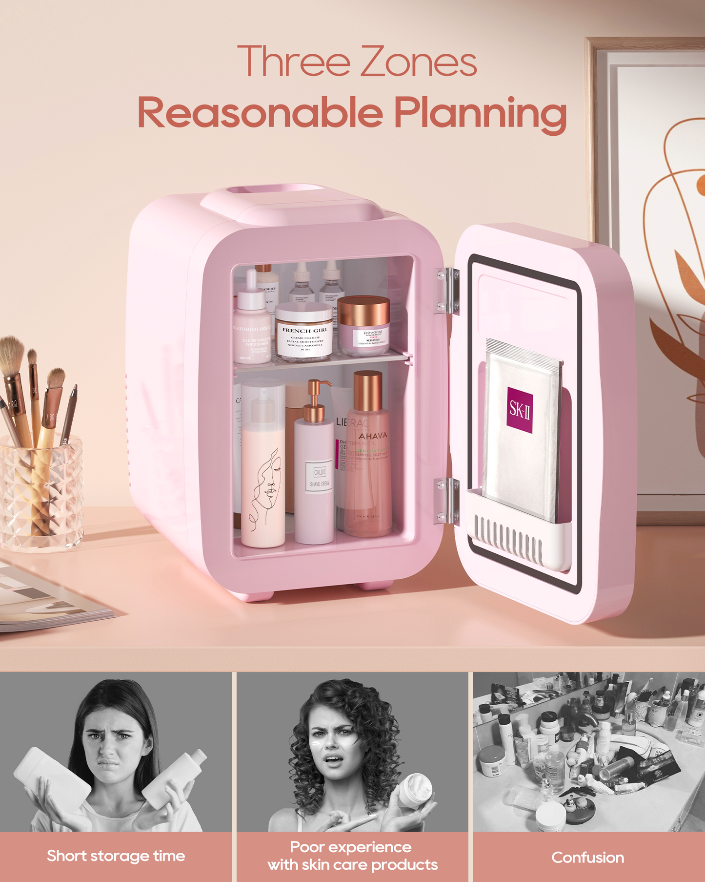 Pink Skincare Fridge | 4L Mini Cooler with Dimmable LED Mirror