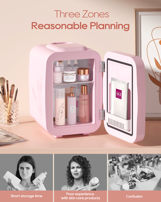 Pink Skincare Fridge | 4L Mini Cooler with Dimmable LED Mirror