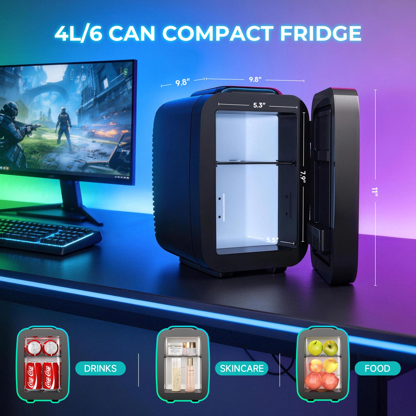 4L Mini Fridge with App-Controlled Gaming Light | Cooler & Warmer