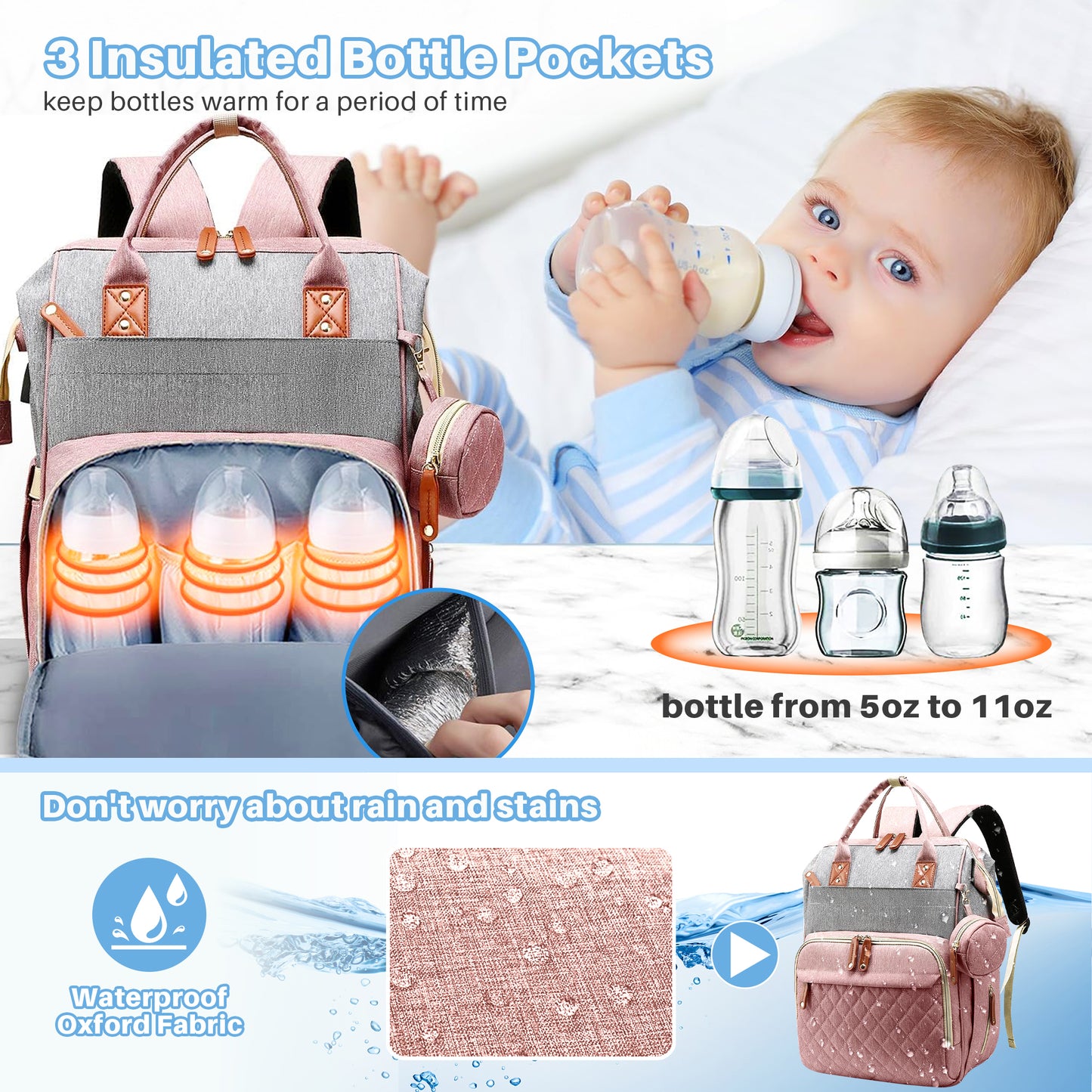 Morfone Baby Diaper Bag Backpack, Multifunction Waterproof Baby Bag with USB Charging Port, Stroller Straps & Pacifier Case Unisex, Pink