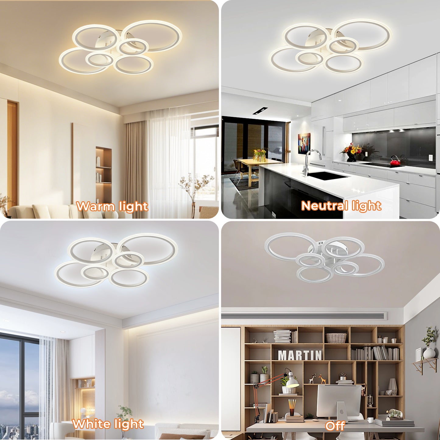 Anoak Ceiling Light, Dimmable Modern LED Ceiling Light with Remote Control, 30.7" 6-Ring Light Fixture for Living Room, Dining Room, Bedroom, Kitchen