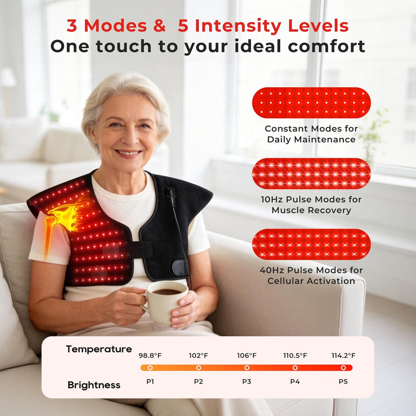 Morfone Red Light Shoulder Wrap, 3-in-1 Chip Red Light for Shoulder & Neck, 660nm & 850nm Infrared Light Pad with 3 Modes and 5 Levels for Home Use