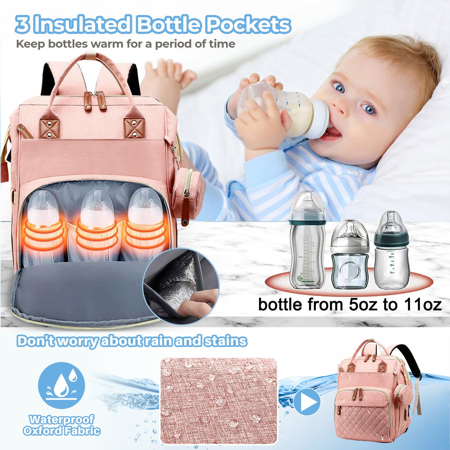 Morfone Baby Diaper Bag Backpack, Multifunction Waterproof Baby Bag with USB Charging Port, Stroller Straps & Pacifier Case Unisex, Pink