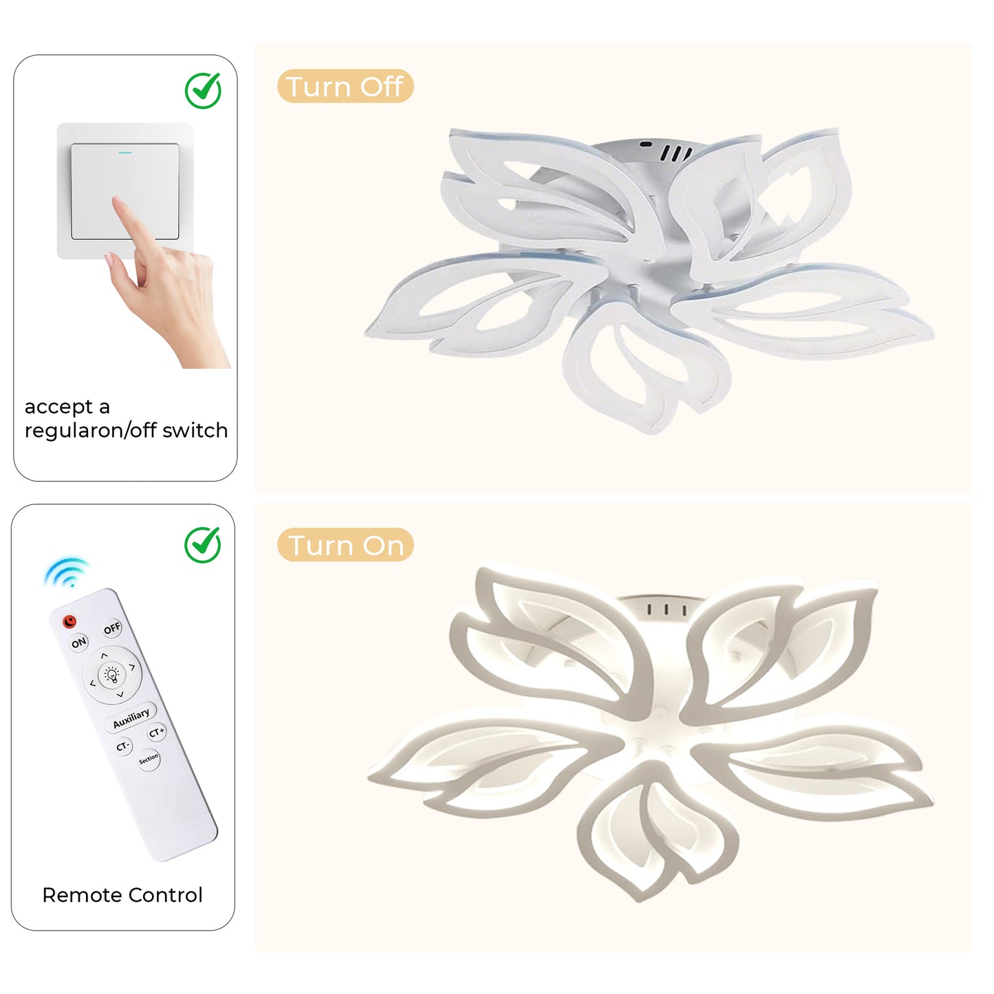 Anoak Ceiling Light,Dimmable Modern LED Ceiling Light with Remote, 23.6" 5-Petal Flower Light Fixtures for Living Room, Dining Room, Bedroom, Kitchen
