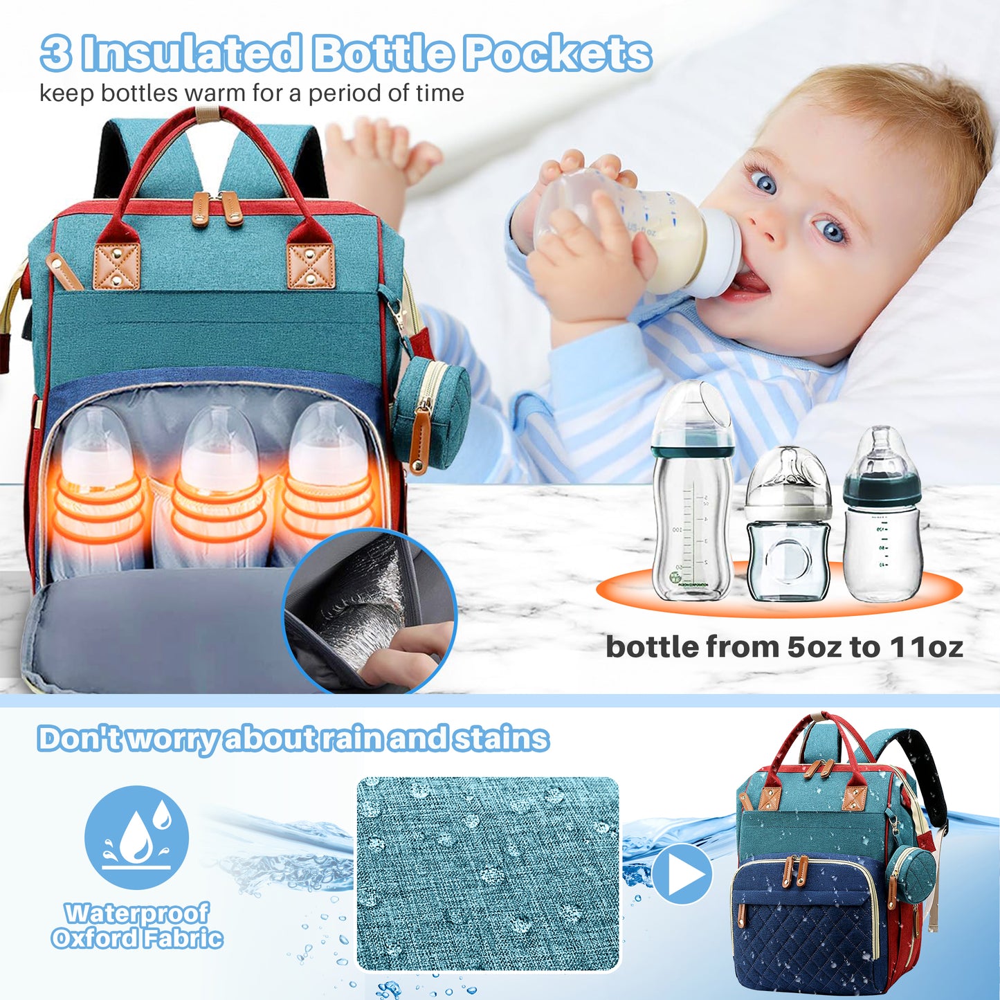 Morfone Baby Diaper Bag Backpack, Multifunction Waterproof Baby Bag with USB Charging Port, Stroller Straps & Pacifier Case Unisex, Colorful