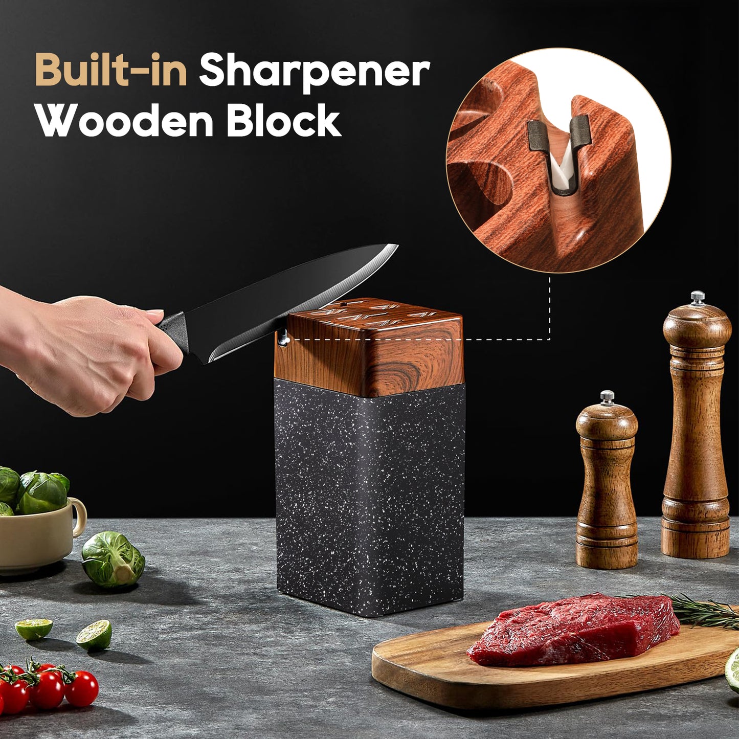 ACMETOP Knife Set, 7 Piece High Carbon Stainless Steel Kitchen Knife Block Set with Built in Sharpener, Black