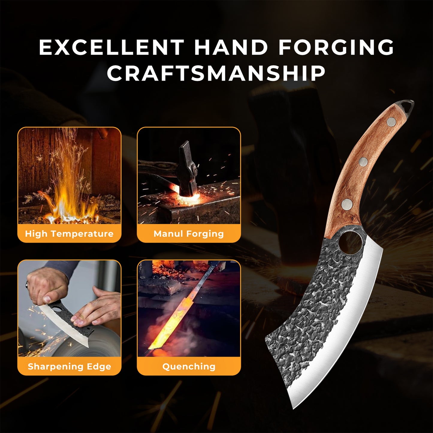 ACMETOP Kitchen Knife, Hand Forged Chef Knife, Meat Cleaver Knife with Sheath, Full Tang Butcher Knife for Camping, BBQ, Christmas Gift for Men and Women