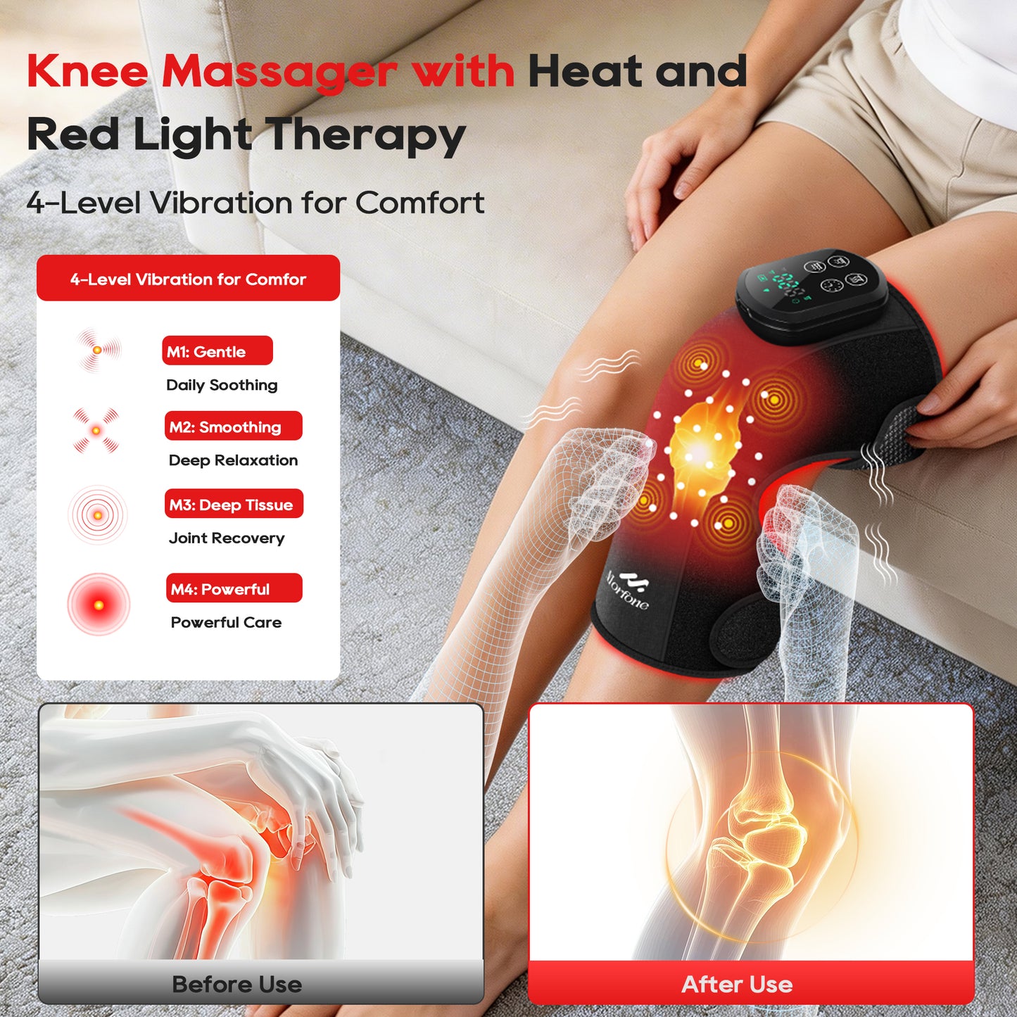 Morfone Cordless Red Light Knee Massager with 3 Heat & 3 Vibration, 660nm & 850nm Infrared Light Knee Brace with Timer，Ideal Gift for Women Man