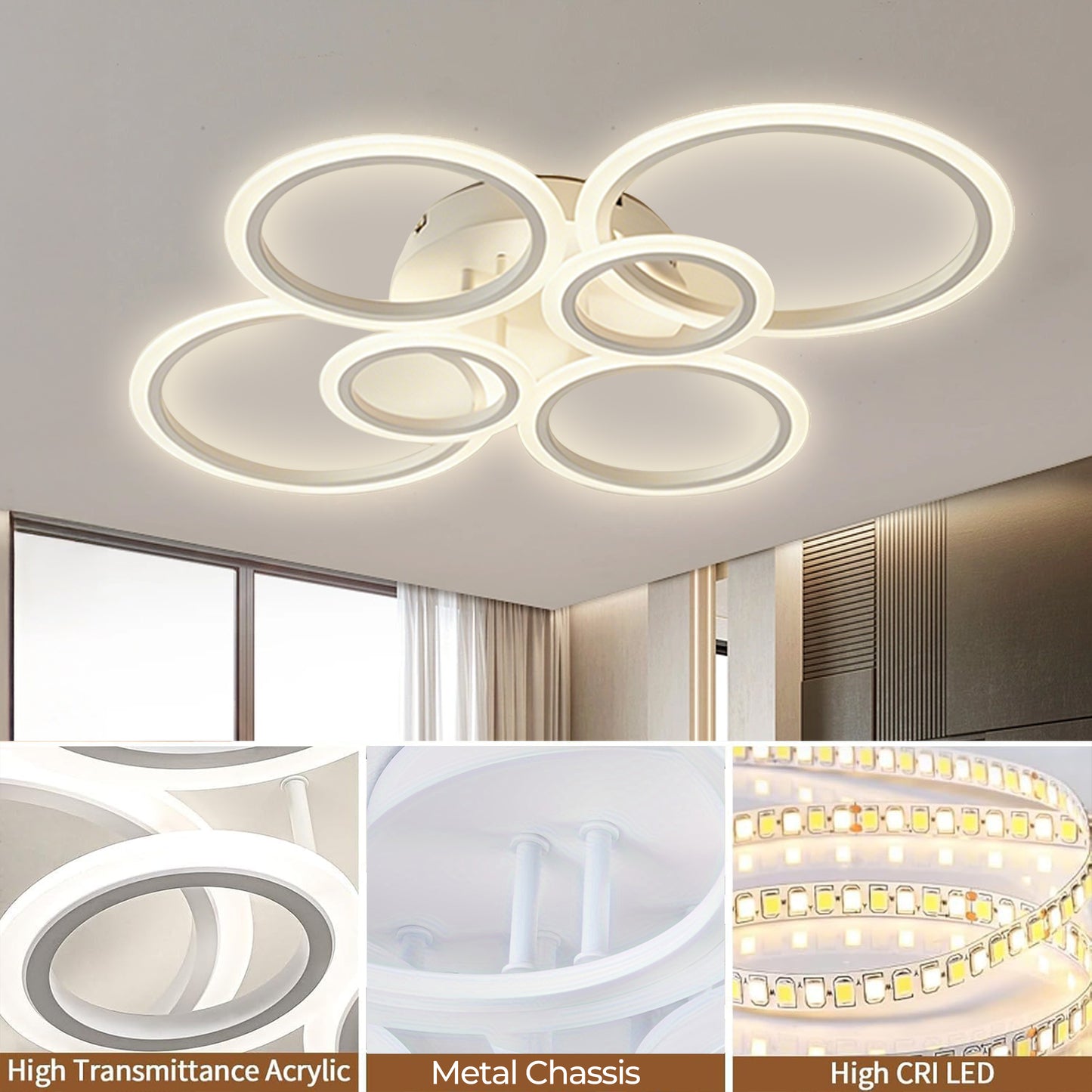 Anoak Ceiling Light, Dimmable Modern LED Ceiling Light with Remote Control, 30.7" 6-Ring Light Fixture for Living Room, Dining Room, Bedroom, Kitchen