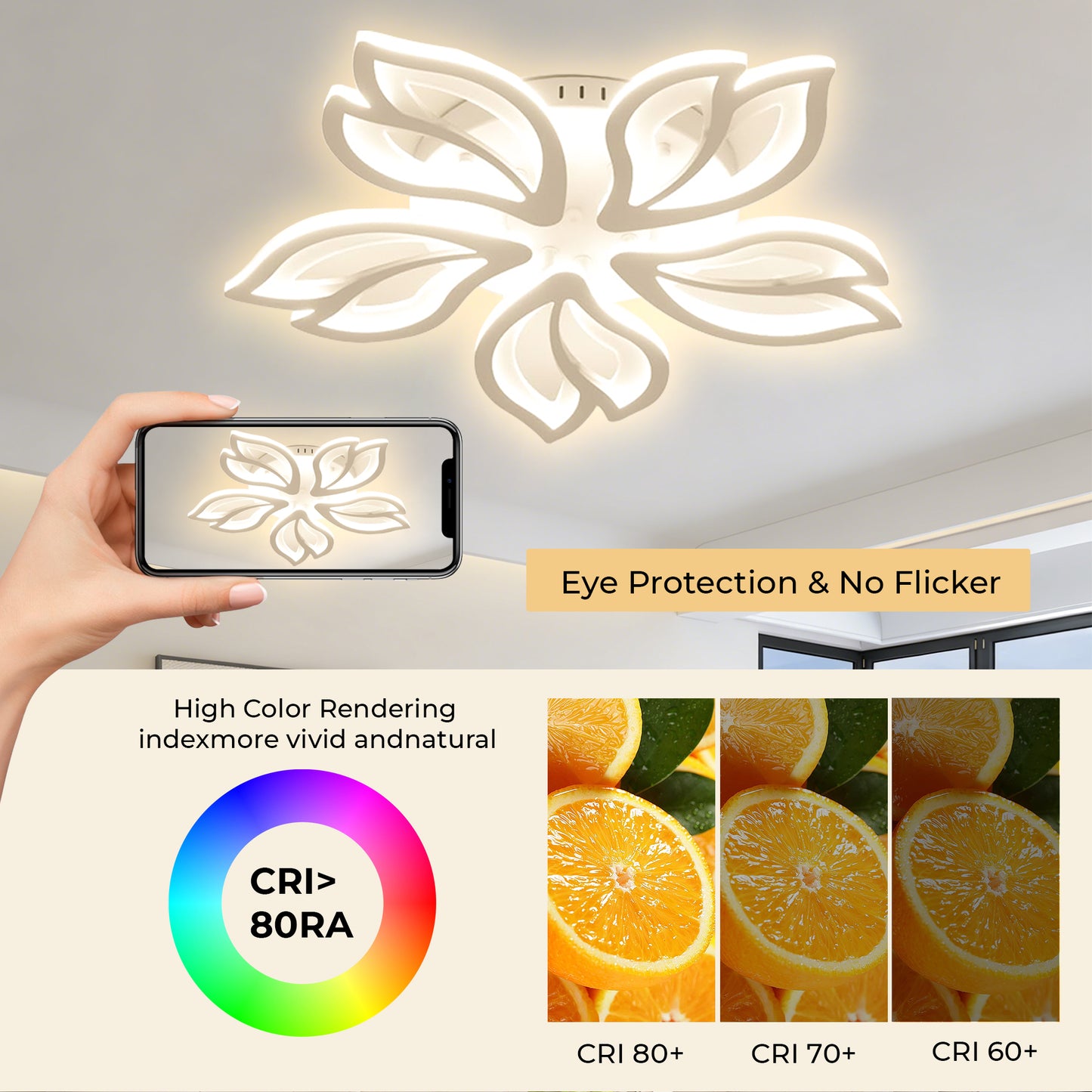 Anoak Ceiling Light,Dimmable Modern LED Ceiling Light with Remote, 23.6" 5-Petal Flower Light Fixtures for Living Room, Dining Room, Bedroom, Kitchen