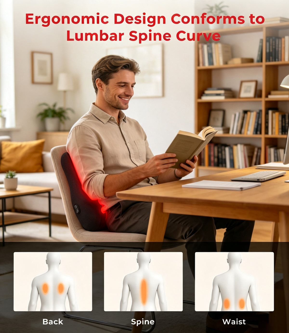 Morfone Lumbar Pillow with Heat and Vibration Massage, Ergonomic Lumbar Support Back Pillow for Lumbar Relaxation, Deep Tissue Massager for Office Chair, Car Seat and Sofa Use