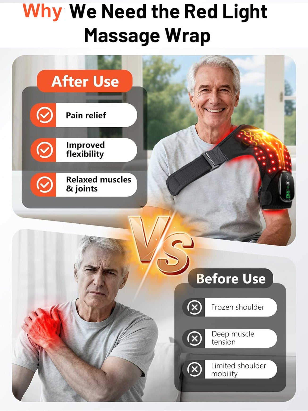 Morfone Cordless Red Light Shoulder Wrap with 3 Heat & 3 Vibration, Shoulder Massager Heating Pad, 660nm Red & 850nm near-Infrared Light,Black