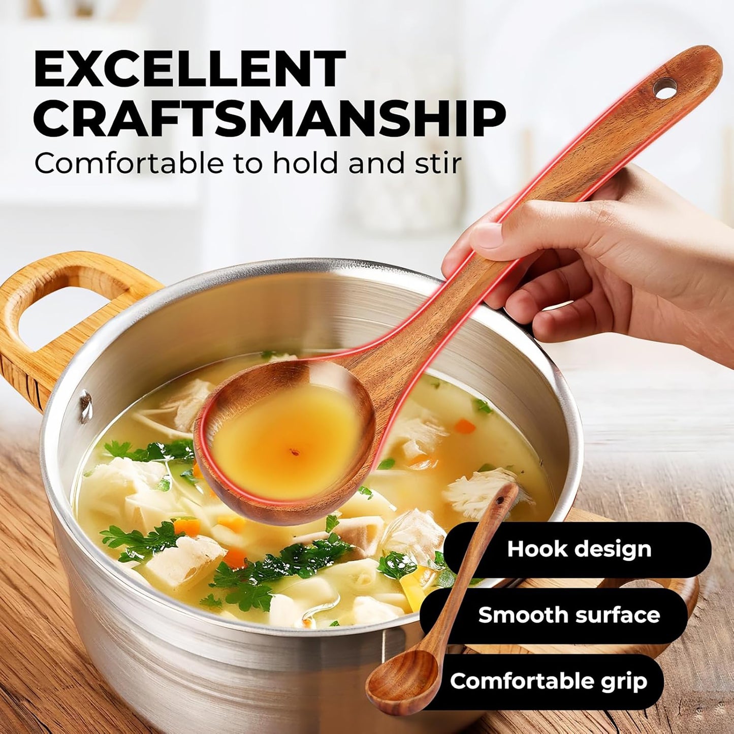 ACMETOP 12-Piece Natural Teak Wooden Spoons for Cooking With 10 Hooks，Handcrafted Kitchen Utensils Set ，Ideal Gift Set