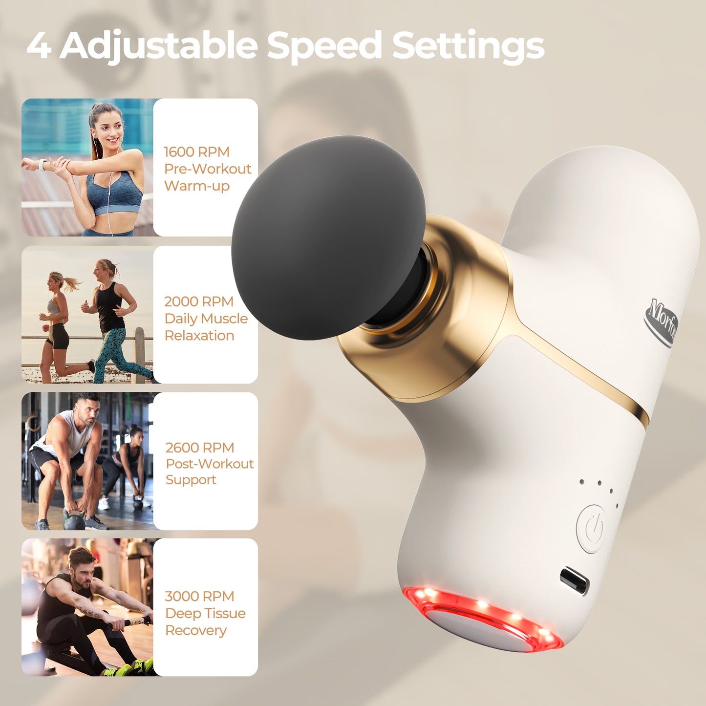 Morfone Mini Massage Gun with Red Light & Heat, Portable Deep Tissue Massager with 4 Heads for Home Office Travel