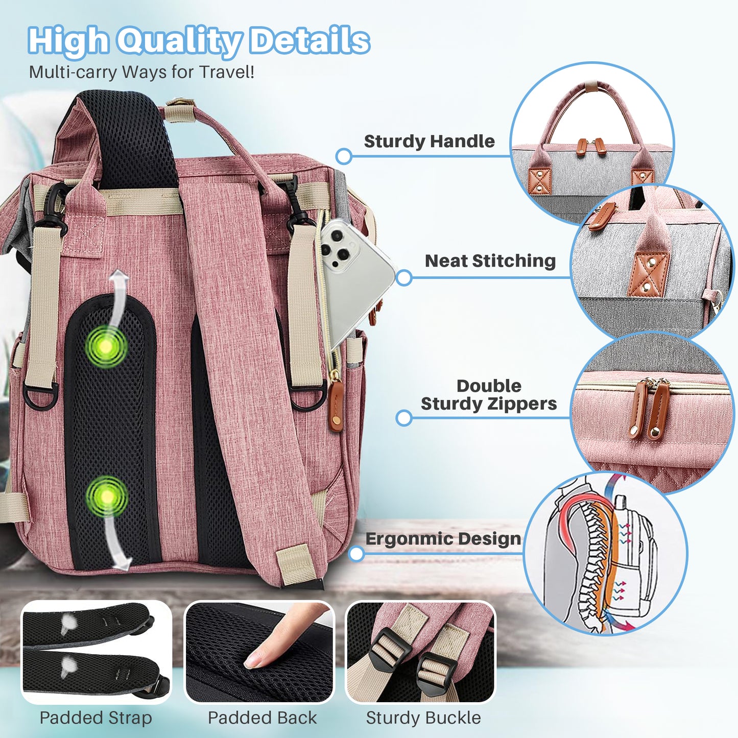 Morfone Baby Diaper Bag Backpack, Multifunction Waterproof Baby Bag with USB Charging Port, Stroller Straps & Pacifier Case Unisex, Pink