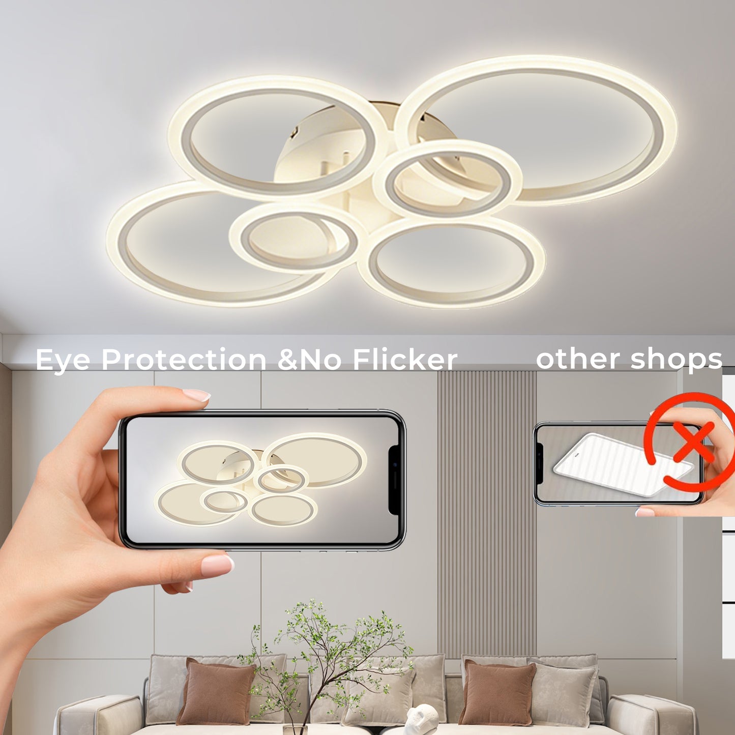 Anoak Ceiling Light, Dimmable Modern LED Ceiling Light with Remote Control, 30.7" 6-Ring Light Fixture for Living Room, Dining Room, Bedroom, Kitchen
