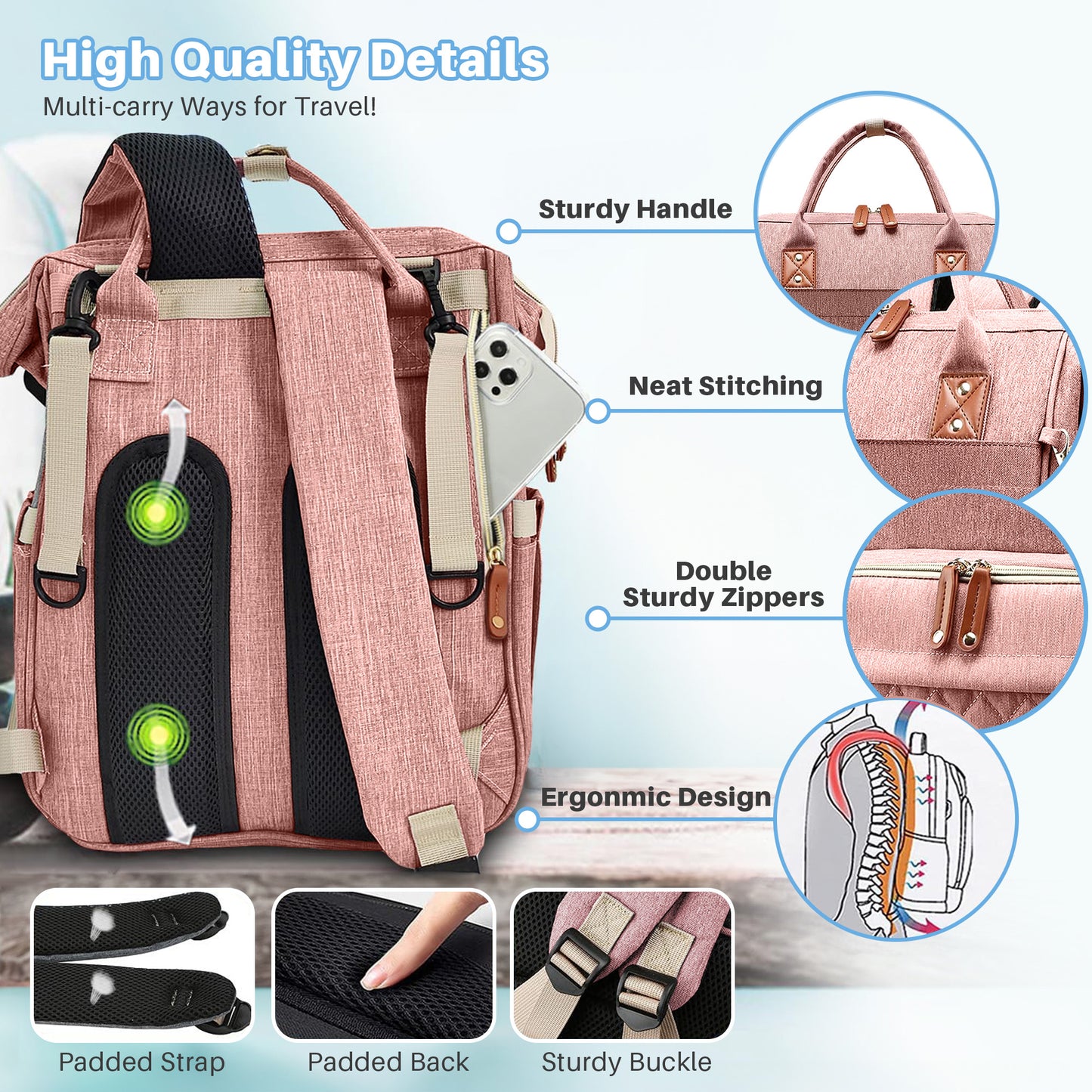 Morfone Baby Diaper Bag Backpack, Multifunction Waterproof Baby Bag with USB Charging Port, Stroller Straps & Pacifier Case Unisex, Pink