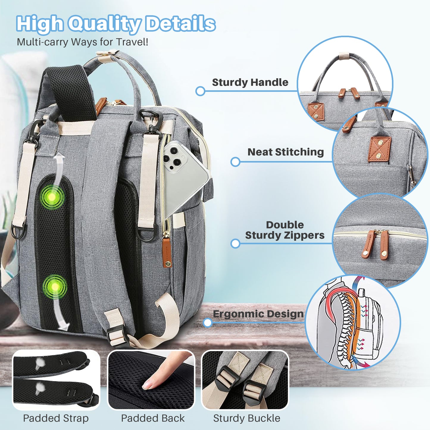 Morfone Baby Diaper Bag Backpack, Multifunction Waterproof Baby Bag with USB Charging Port, Stroller Straps & Pacifier Case Unisex, Gray