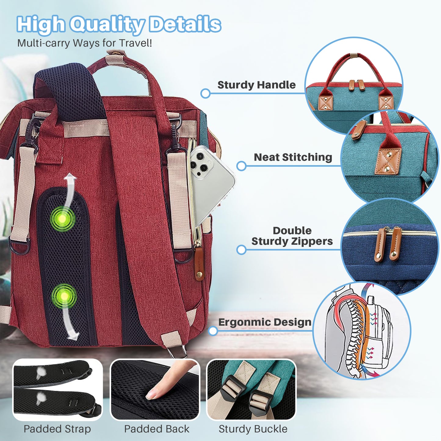 Morfone Baby Diaper Bag Backpack, Multifunction Waterproof Baby Bag with USB Charging Port, Stroller Straps & Pacifier Case Unisex, Colorful