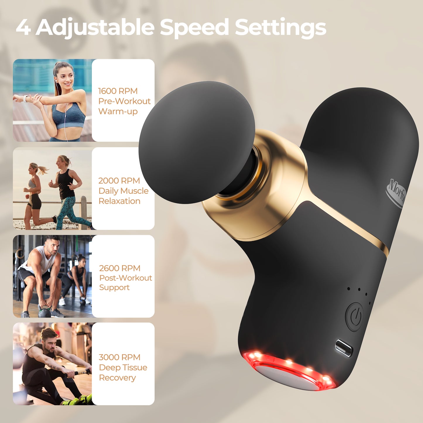 Morfone Mini Massage Gun with Red Light & Heat, Portable Deep Tissue Massager with 4 Heads for Home Office Travel, Black