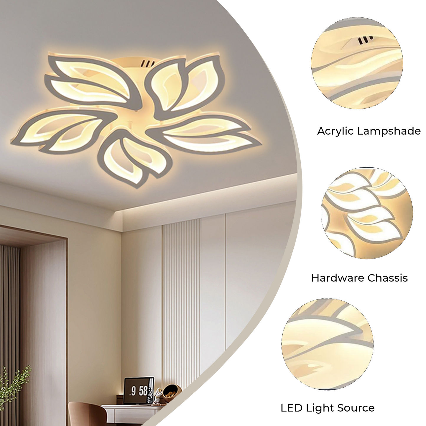 Anoak Ceiling Light,Dimmable Modern LED Ceiling Light with Remote, 23.6" 5-Petal Flower Light Fixtures for Living Room, Dining Room, Bedroom, Kitchen