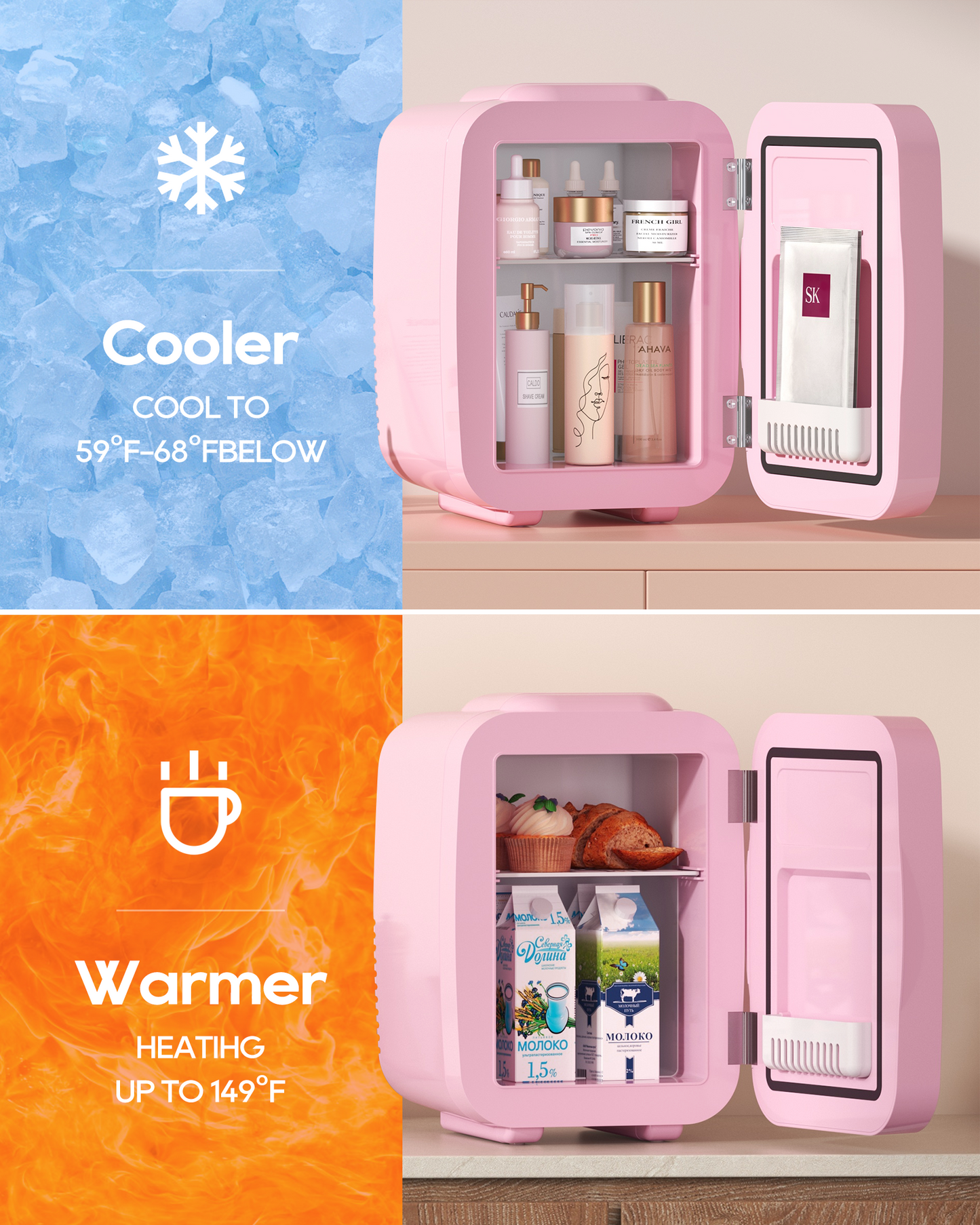 Pink Skincare Fridge | 4L Mini Cooler with Dimmable LED Mirror
