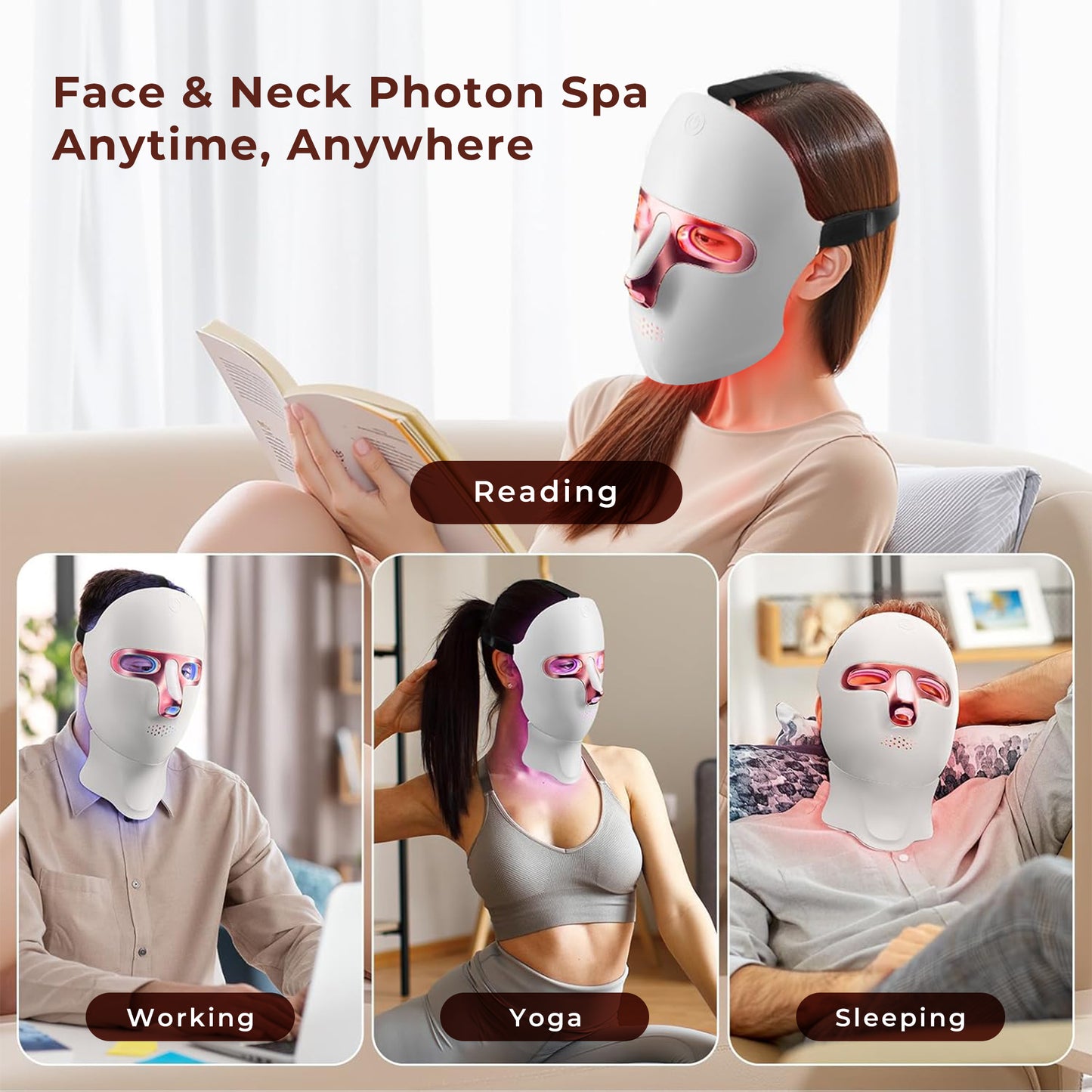 Morfone Red Light Therapy for Face & Neck, 7-in-1LED Face Mask with 850nm & 660nm NIR, Cordless Infrared Lights Masks for Home Working Travel Yoga Sleep