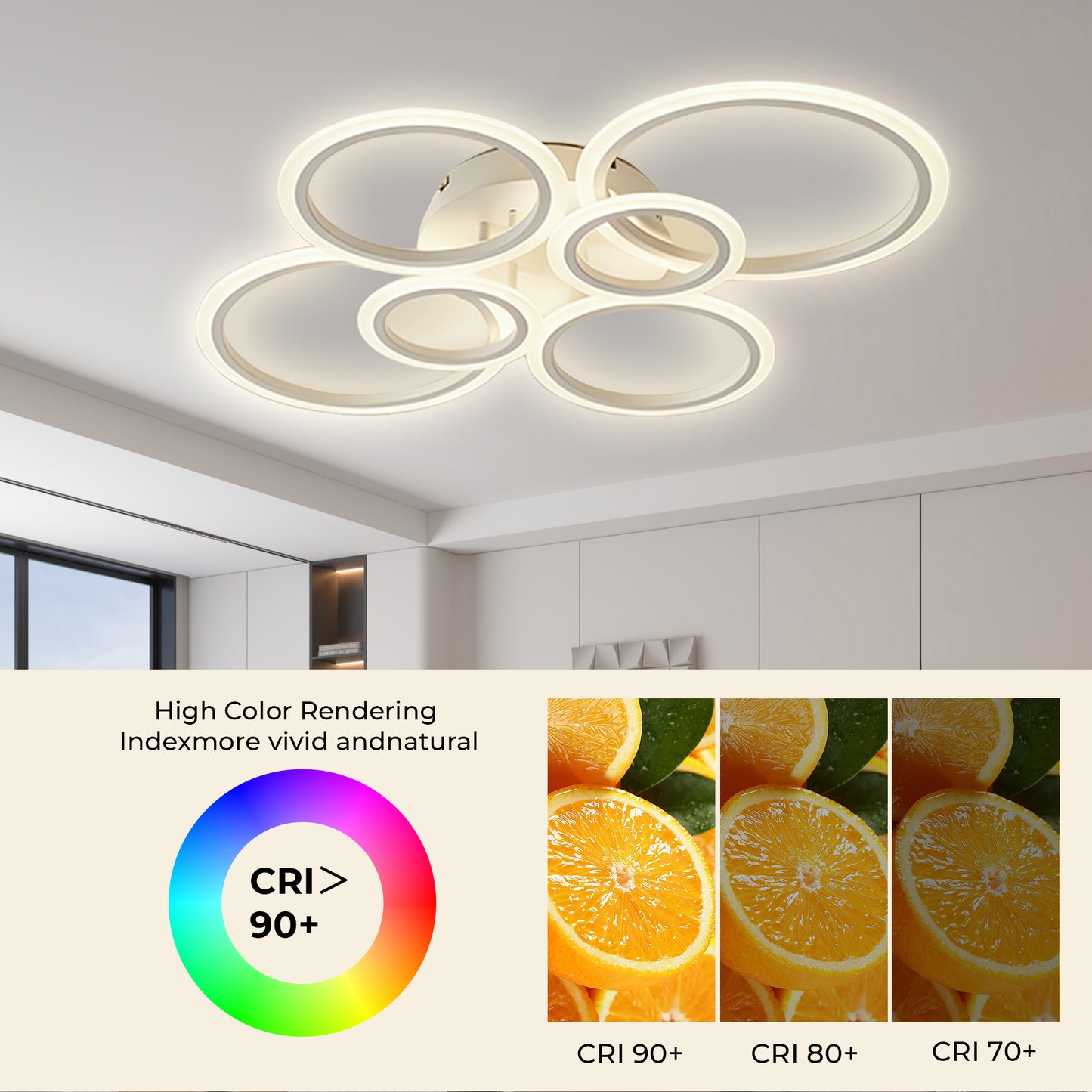 Anoak Ceiling Light, Dimmable Modern LED Ceiling Light with Remote Control, 30.7" 6-Ring Light Fixture for Living Room, Dining Room, Bedroom, Kitchen