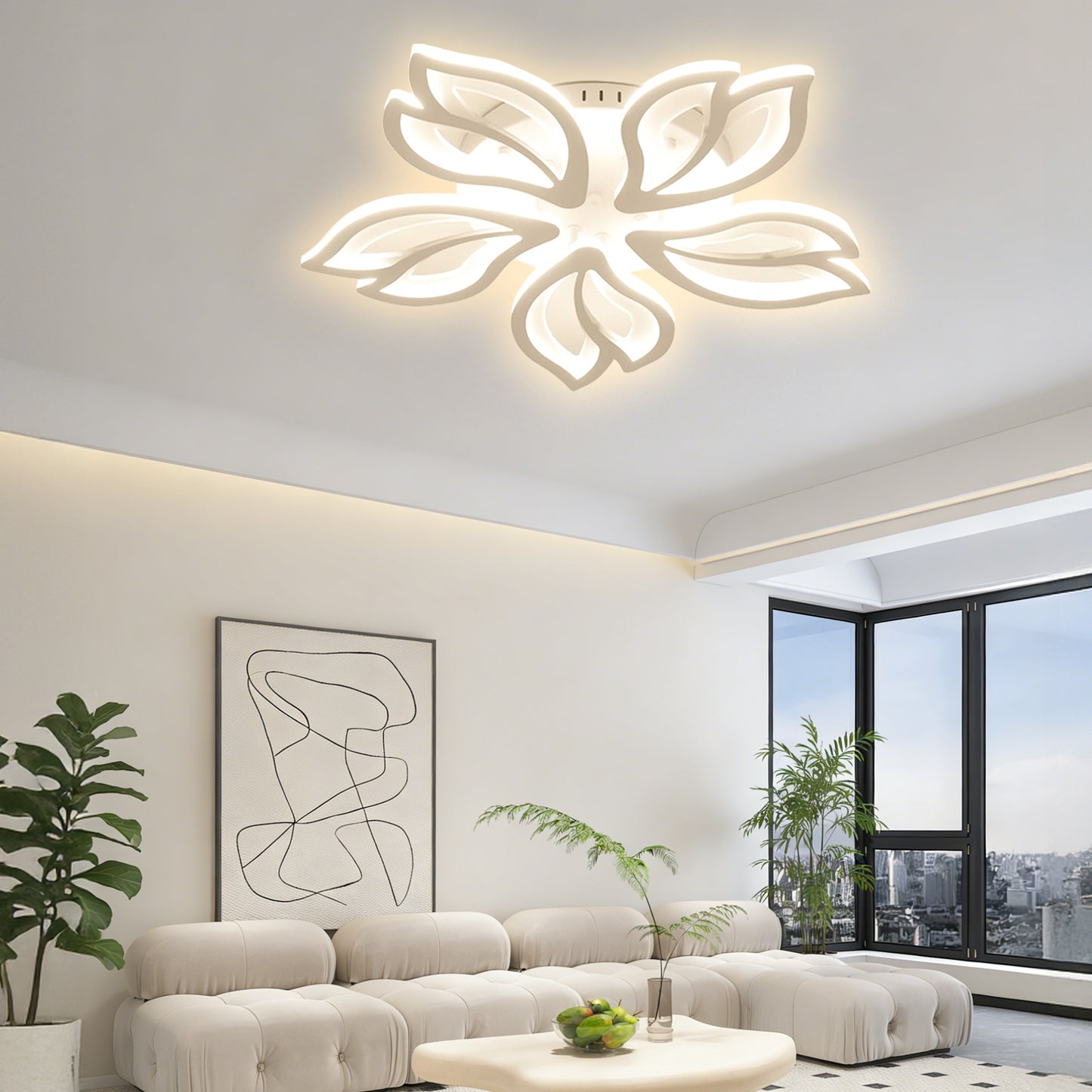 Anoak Ceiling Light,Dimmable Modern LED Ceiling Light with Remote, 23.6" 5-Petal Flower Light Fixtures for Living Room, Dining Room, Bedroom, Kitchen