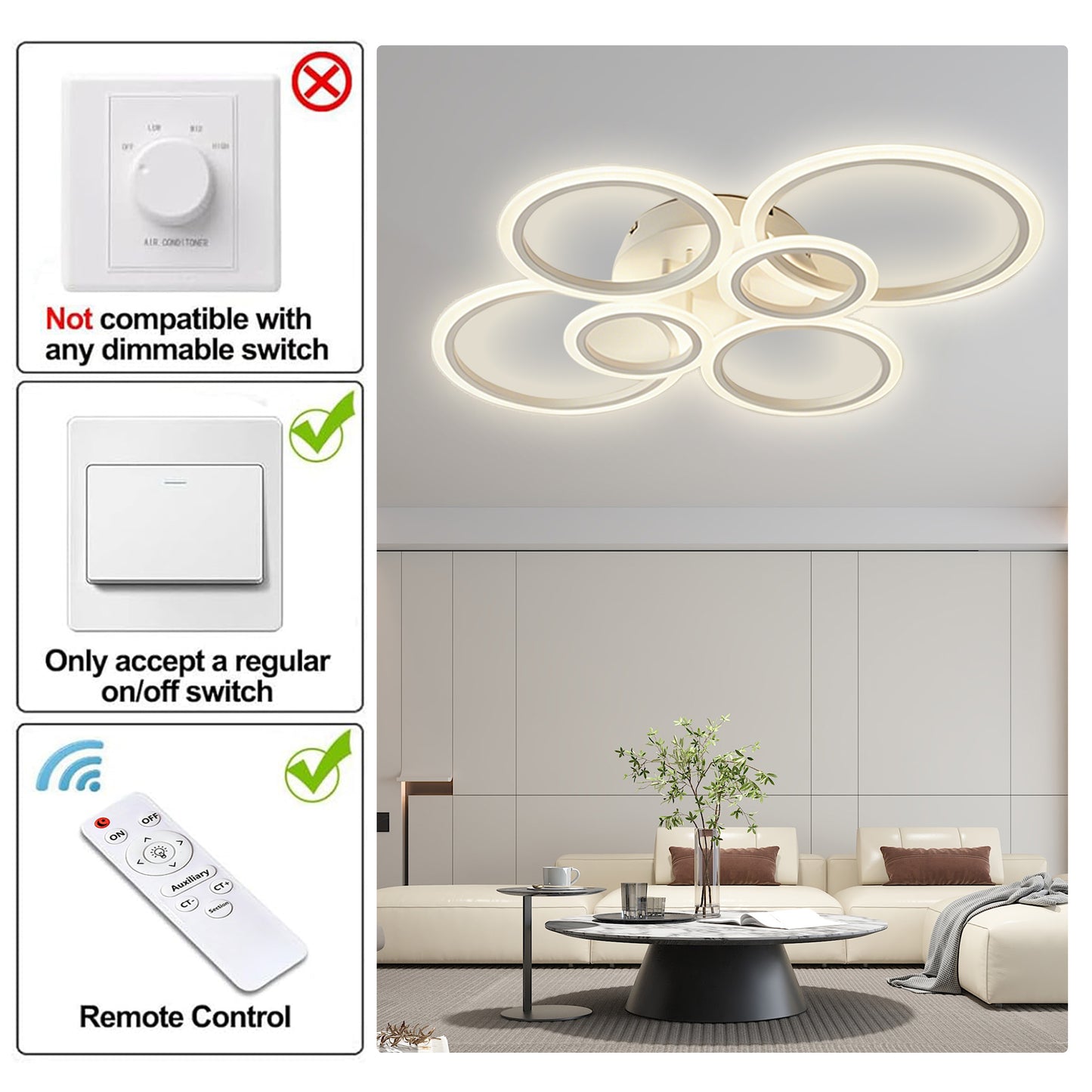 Anoak Ceiling Light, Dimmable Modern LED Ceiling Light with Remote Control, 30.7" 6-Ring Light Fixture for Living Room, Dining Room, Bedroom, Kitchen