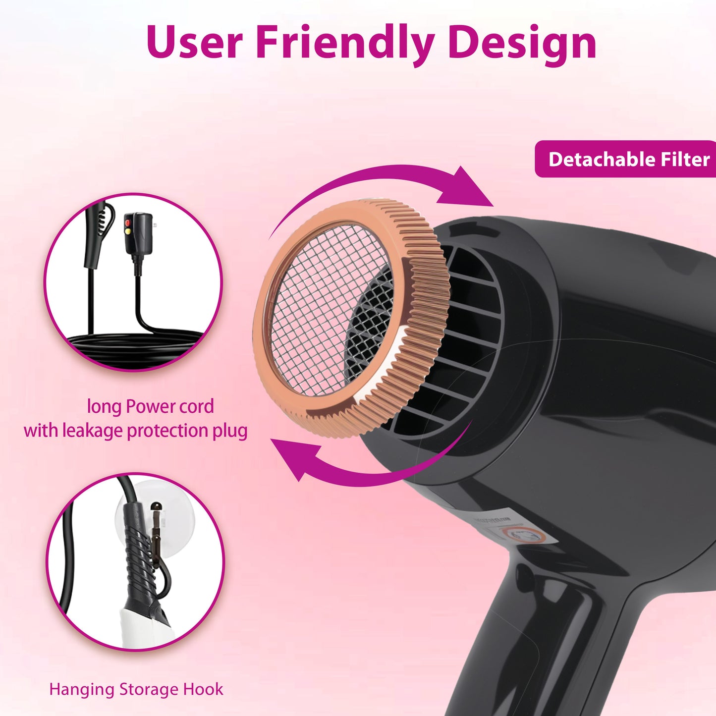 Morfone Hair Dryer, Professional Negative Ionic Thermo-Control Blow Dryer with Hair Diffuser & Nozzle, Black
