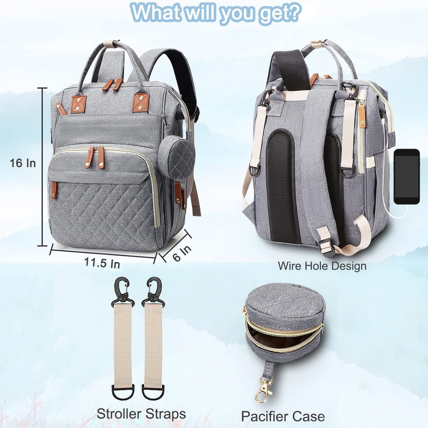 Morfone Baby Diaper Bag Backpack, Multifunction Waterproof Baby Bag with USB Charging Port, Stroller Straps & Pacifier Case Unisex, Gray