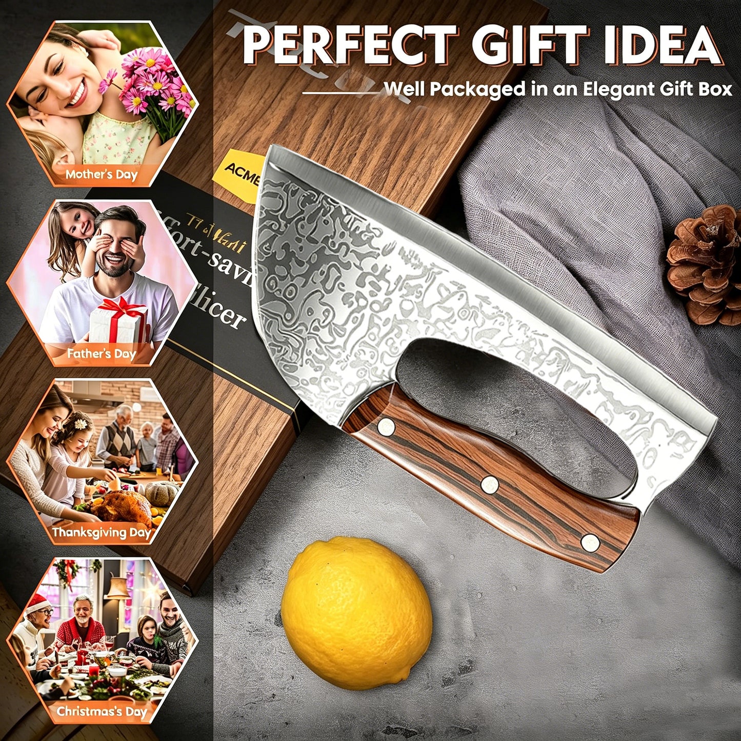 ACMETOP Kitchen Knife Meat Cleaver Knife Unique Effort Saving Chef Knife Professional Stainless Steel Butcher Knife for Meat Vegetable Father Mother Christmas Gift