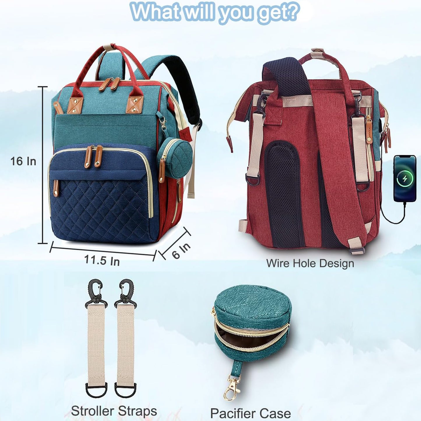 Morfone Baby Diaper Bag Backpack, Multifunction Waterproof Baby Bag with USB Charging Port, Stroller Straps & Pacifier Case Unisex, Colorful