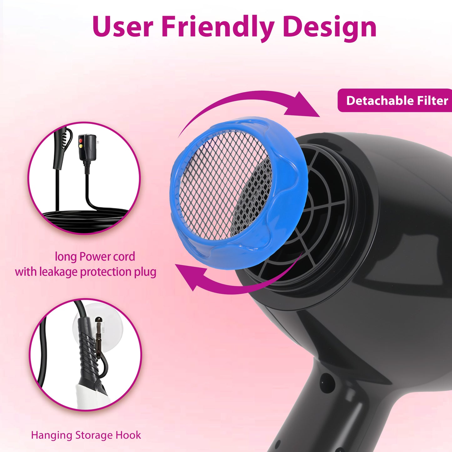 Morfone Hair Dryer, Professional Negative Ionic Thermo-Control Blow Dryer with Hair Diffuser & Nozzle, Black