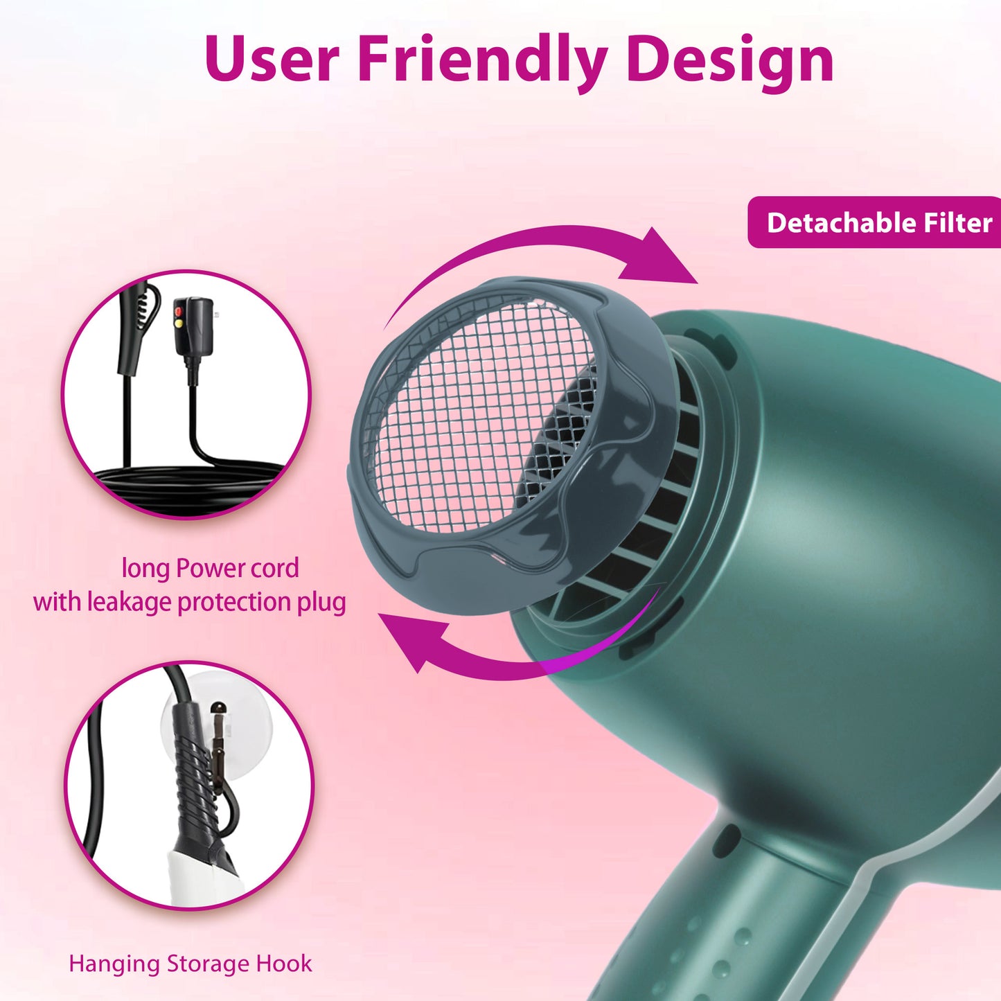 Morfone Hair Dryer, Professional Negative Ionic Thermo-Control Blow Dryer with Hair Diffuser & Nozzle, Green