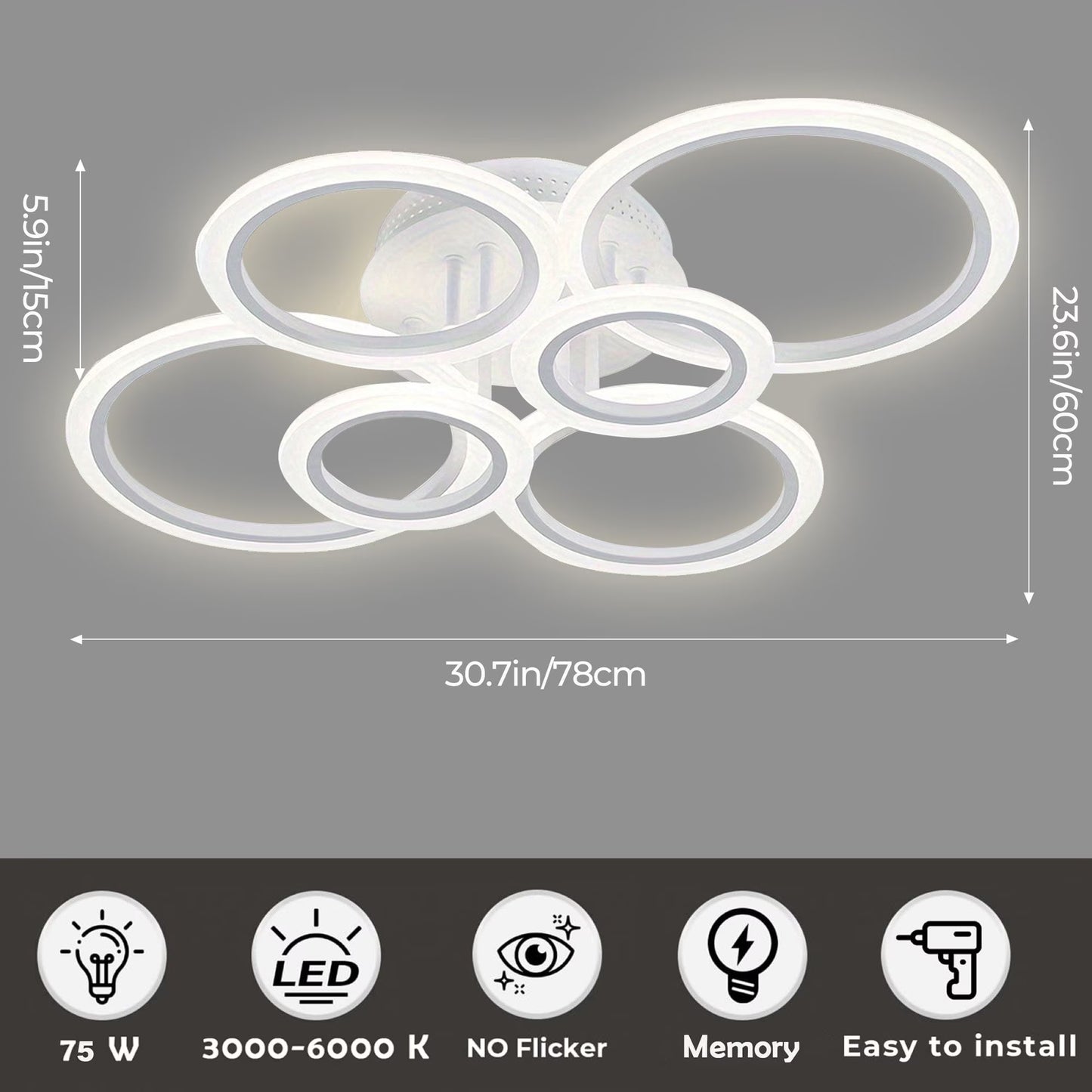 Anoak Ceiling Light, Dimmable Modern LED Ceiling Light with Remote Control, 30.7" 6-Ring Light Fixture for Living Room, Dining Room, Bedroom, Kitchen