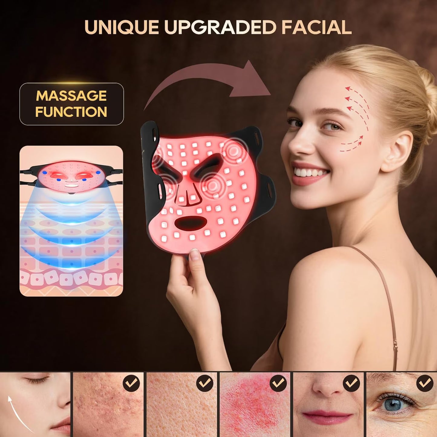 Morfone Red Light Therapy Mask for Face, Led Face Mask with Massage Function, 4 Modes, Portable Red Light Mask for Skincare at Home, Travel