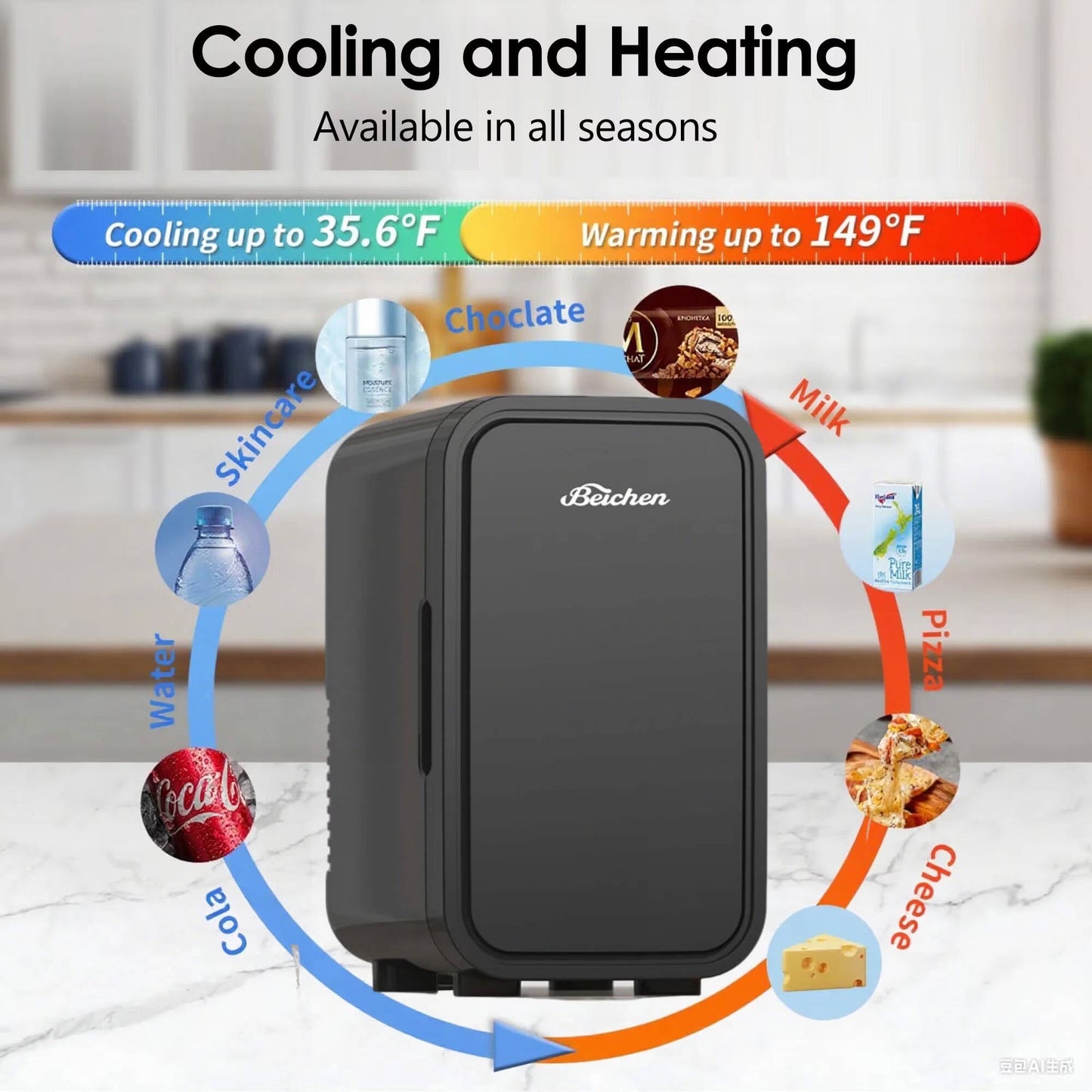 BEICHEN Mini Fridge, 6 Liter/8 Can Small Fridge, AC/DC Portable Skincare Fridge, Cooler and Warmer Refrigerators for Bedroom, Skincare, Beverage, Office, Dorm, Car, Black