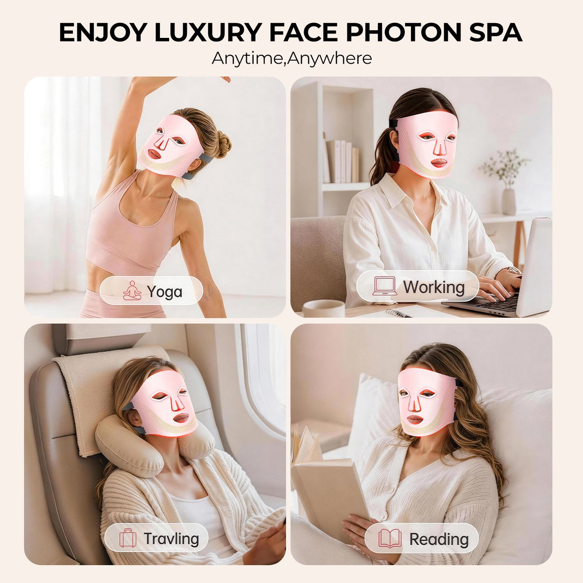 Morfone Led Face Mask, 4 Modes Red Light Mask for Face, LED Facial Mask with Timer, Home & Travel Skincare (Pink)