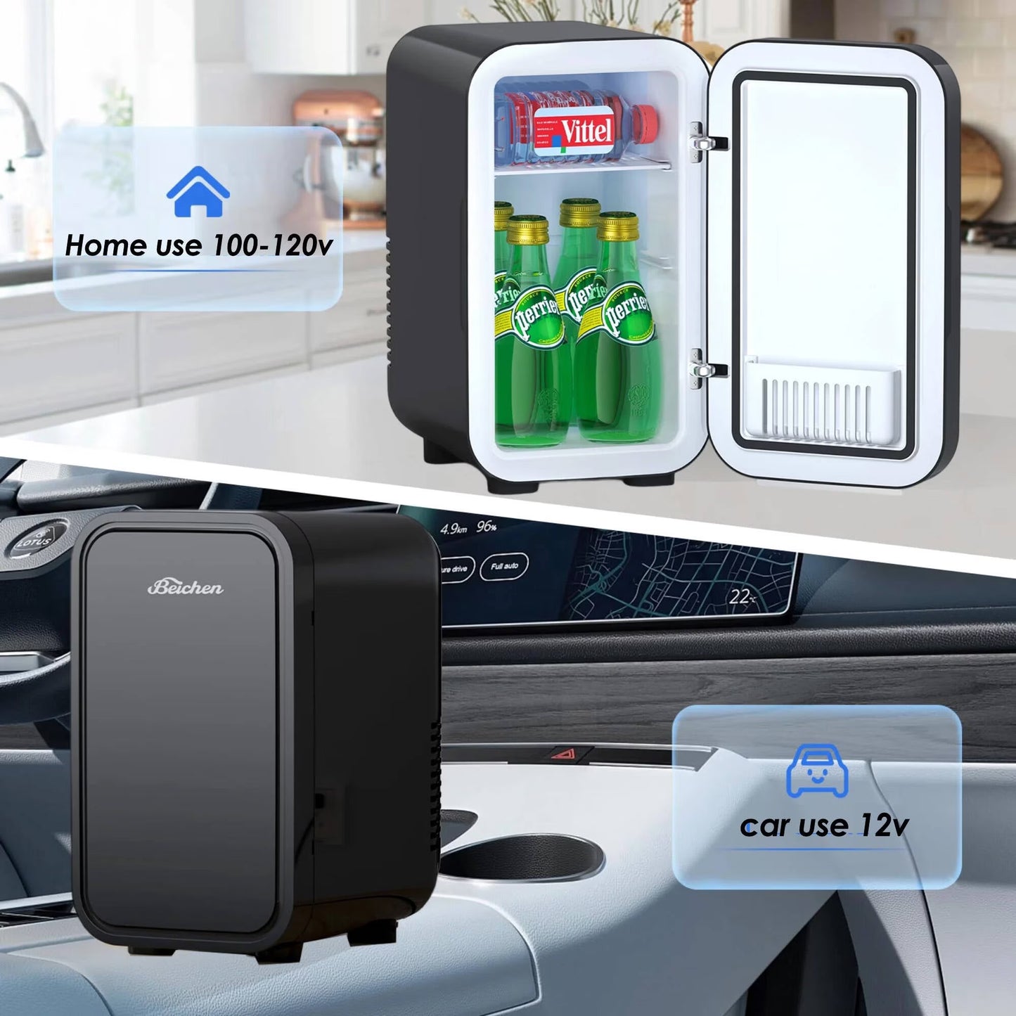 BEICHEN Mini Fridge, 6 Liter/8 Can Small Fridge, AC/DC Portable Skincare Fridge, Cooler and Warmer Refrigerators for Bedroom, Skincare, Beverage, Office, Dorm, Car, Black