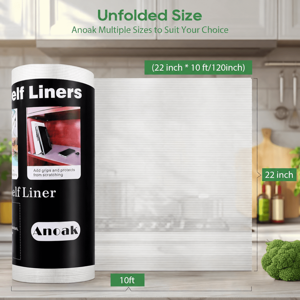 Anoak Shelf Liner Cabinet Liner, Non Adhesive Washable 22 Inch x 10 FT(120 Inch) Waterproof Durable Non-Slip Shelf Liner for Kitchen, Drawer, Refrigerator