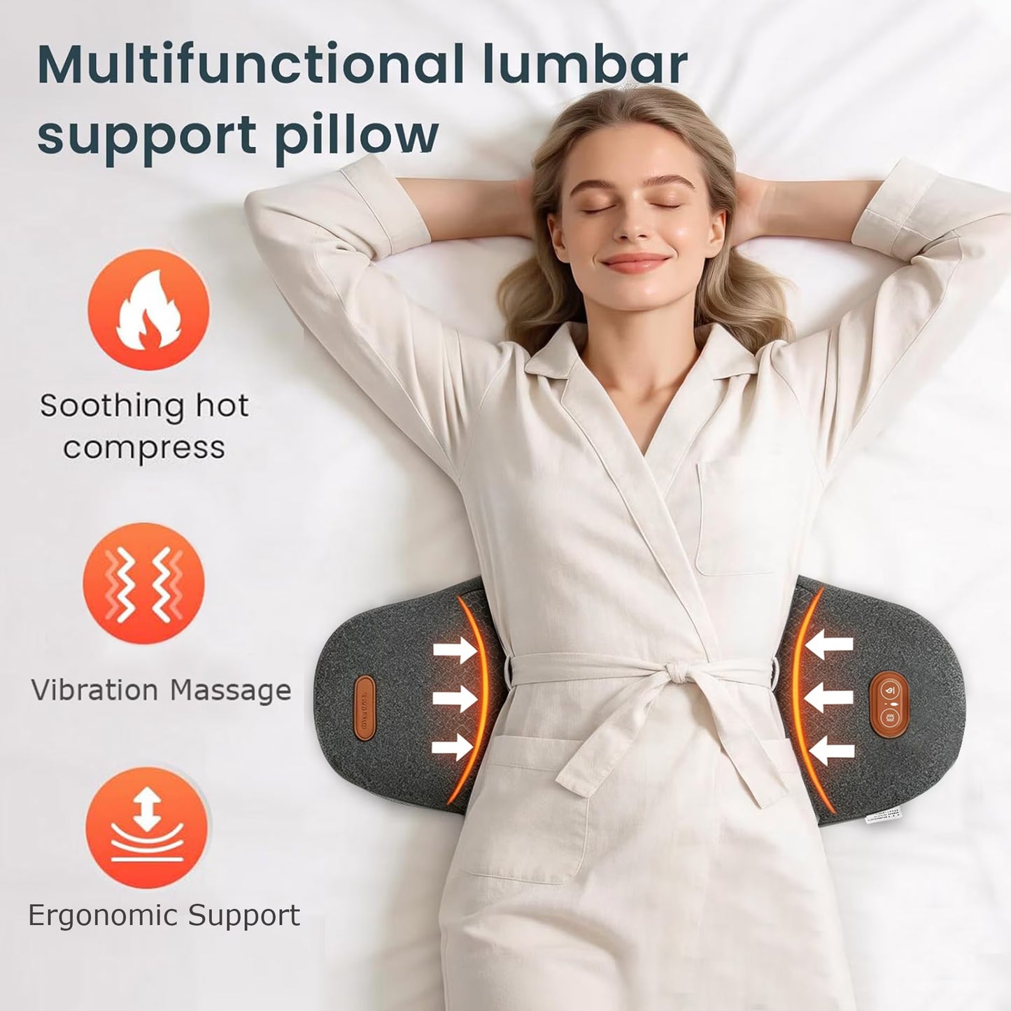Morfone Back Massager with Heat and Vibration, Ergonomic Lumbar Support Pillow for Lower Back Relaxation, Deep Tissue Massager for Bed, Chair, Office, Home Use