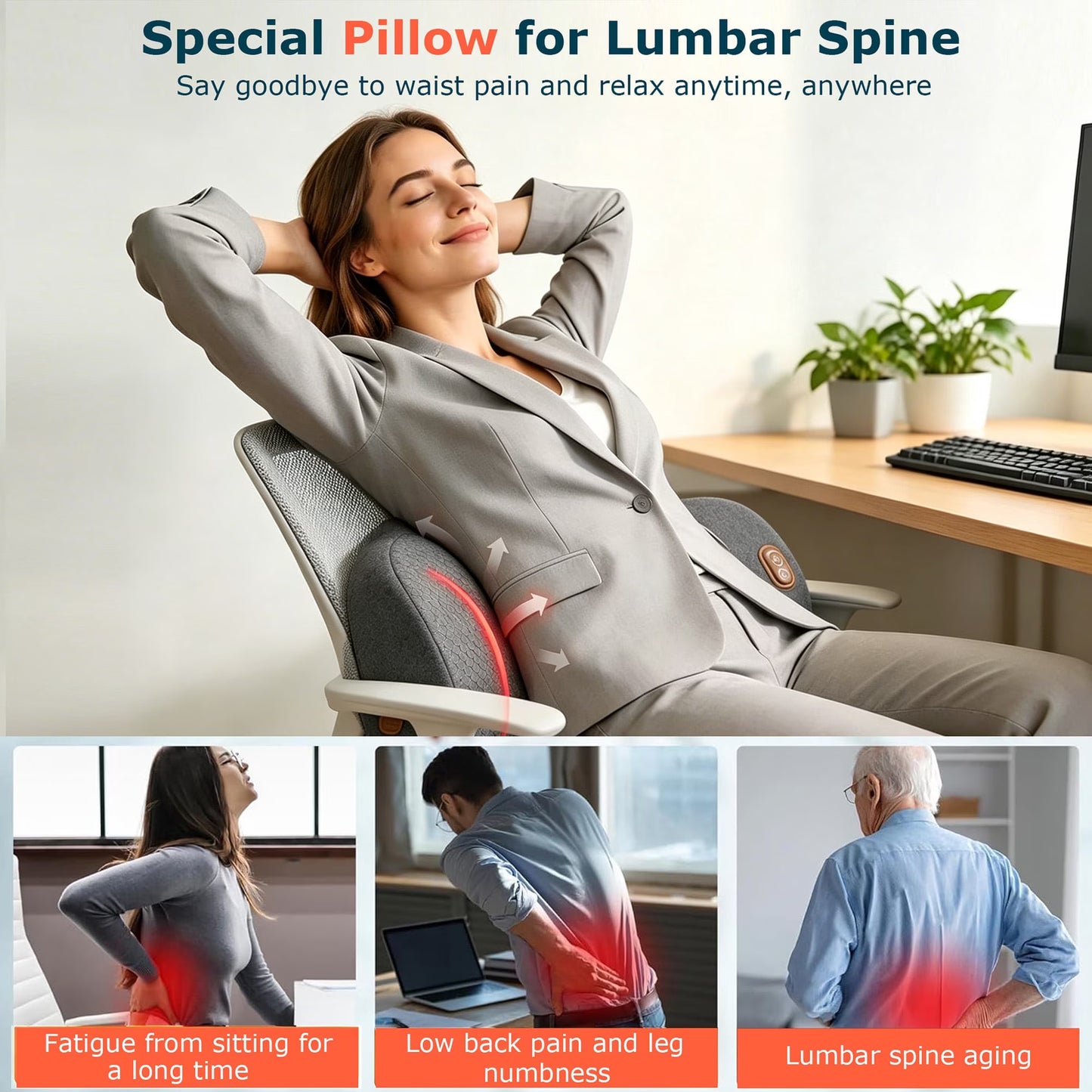 Morfone Back Massager with Heat and Vibration, Ergonomic Lumbar Support Pillow for Lower Back Relaxation, Deep Tissue Massager for Bed, Chair, Office, Home Use