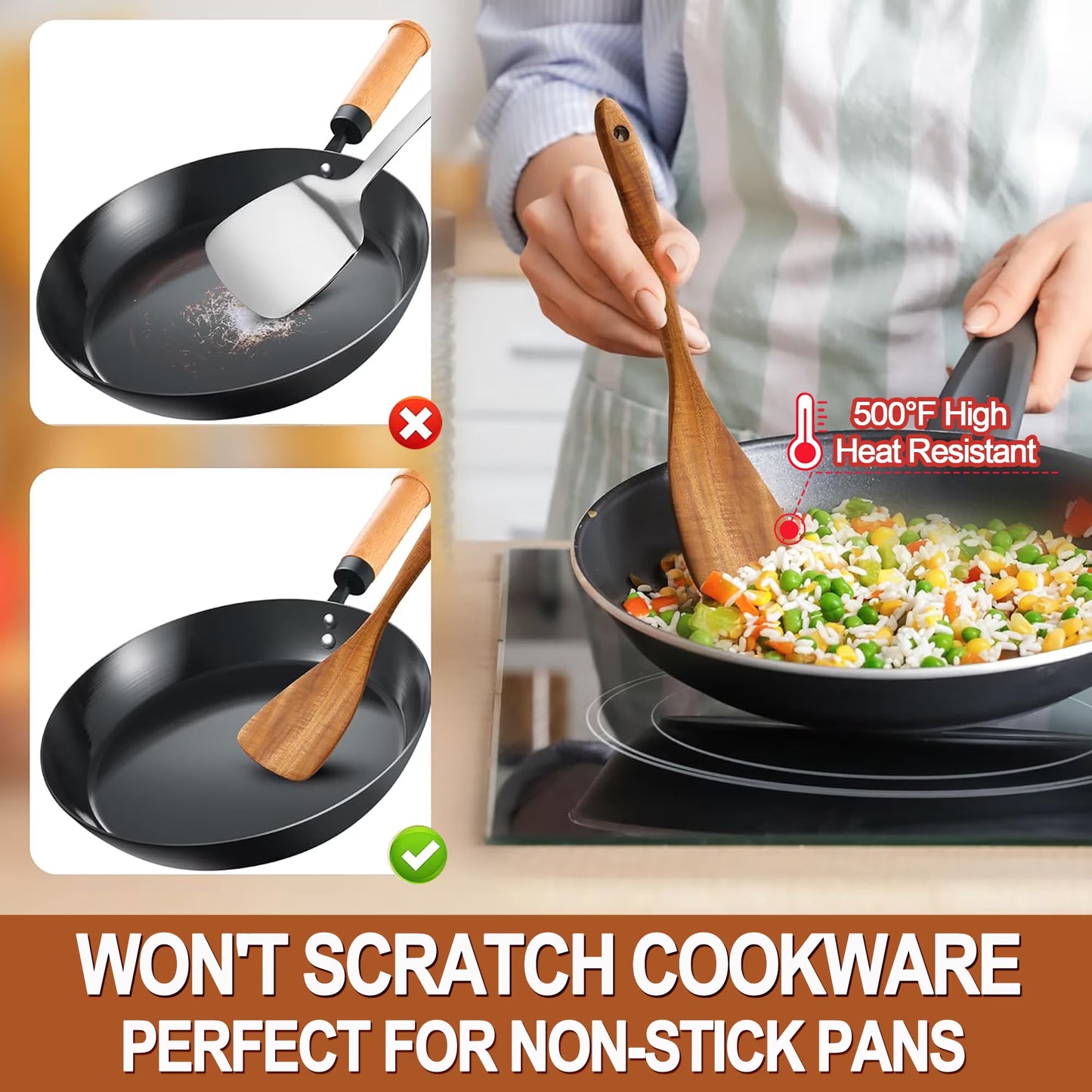ACMETOP Wooden Spoons for Cooking, 5 Pcs Natural Teak Kitchen Utensil Set , Wooden Cooking Utensils Set for Nonstick Pans & Cookware
