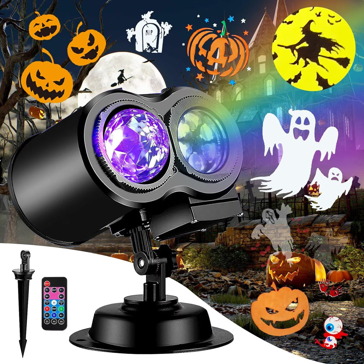 Anoak Halloween Projector Lights Outdoor, 2-in-1 HD Waterproof Holiday Projector with Remote for Halloween, Christmas, Happy New Year Decorations